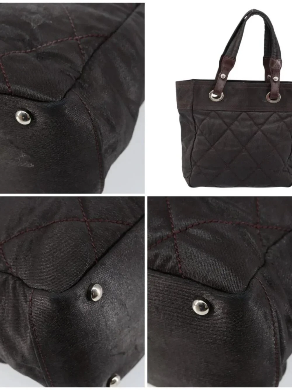 CHANEL Paris Biarritz Tote Bag Coated Canvas Dark Brown Silver CC Auth bs29897